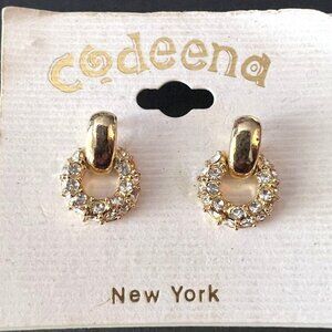 Codeena New York Gold Hoop Post Earrings w Faux Diamonds